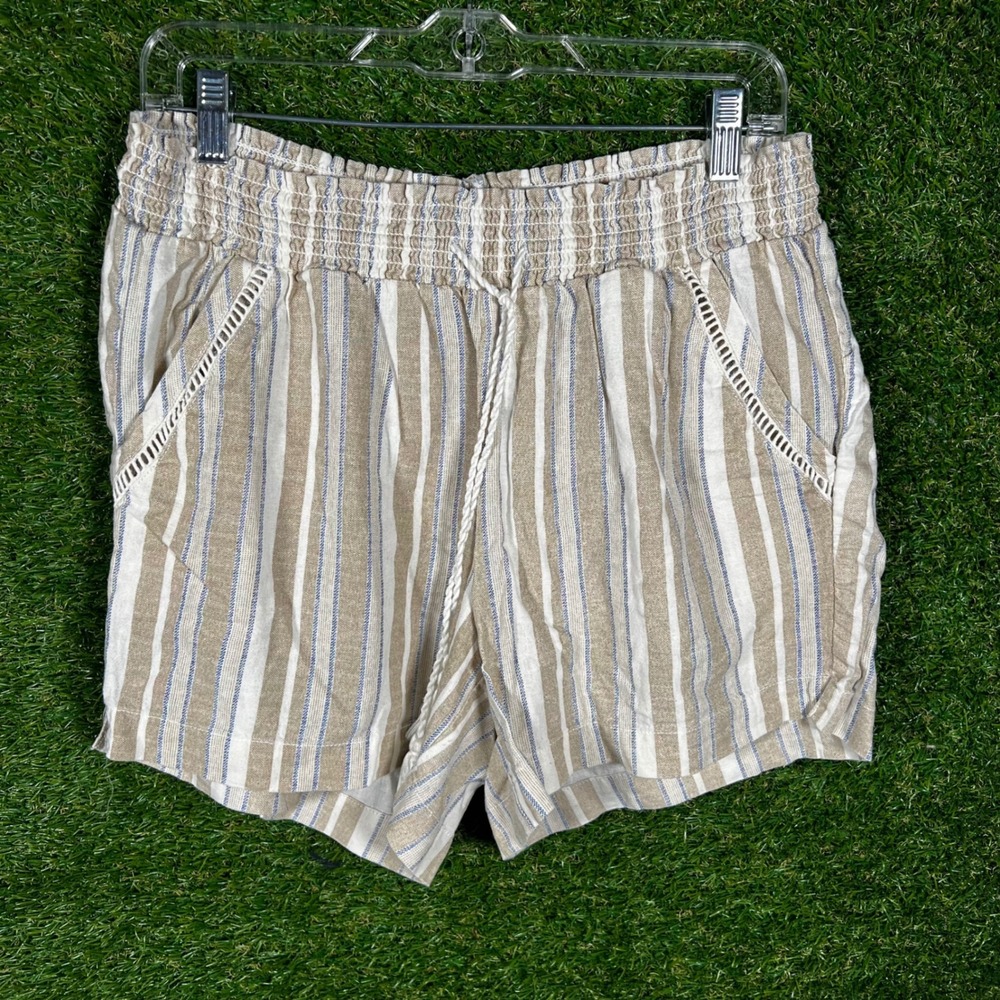 Briggs Womens Striped Linen Blend Shorts Tan Blue White Smocked Waist Size M